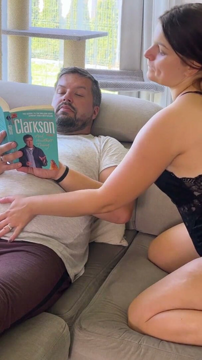 amateur WIFE gives surprise blowjob while husband reads a book | Clip 1