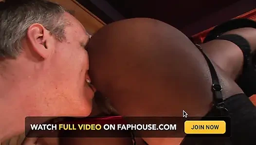 Glamorous black MILF fucks a white man in the office