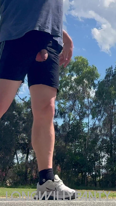 Straight guy playing outdoor basketball dick out in public