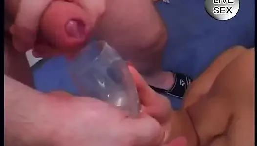 Stockinged brunette slut swallowing cum during gangbang