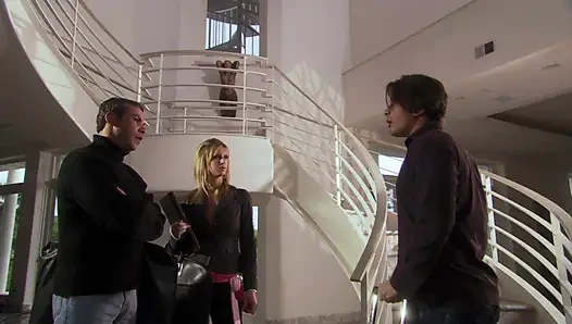 Hairy brunette with big tits gets slammed from behind