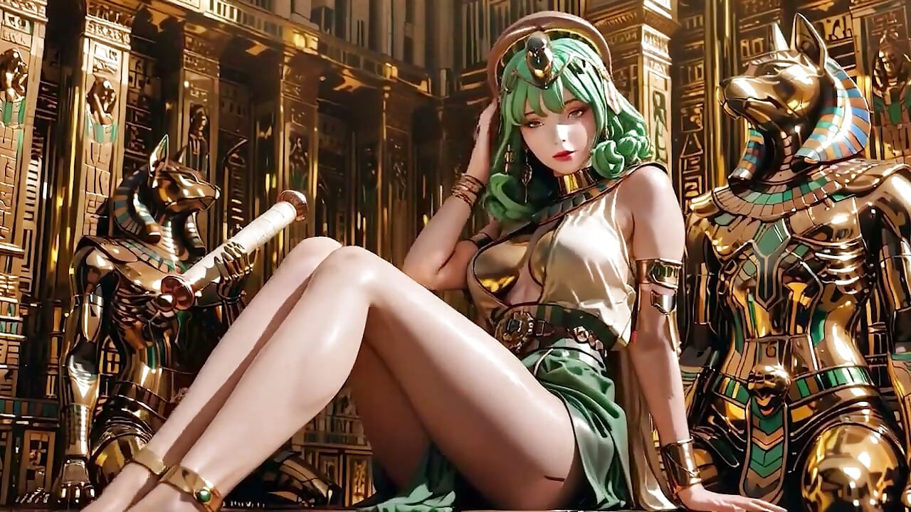 Green-haired Egyptian Queen! Kneeling in the Golden Hall, Guarded by Sphinxes.