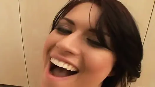 Sexy Angelina licks cum off tits after a hard fuck on both holes