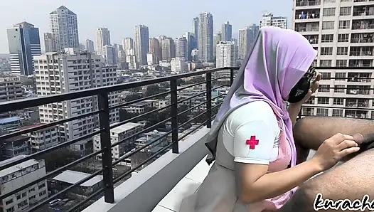 Hijab Cheating Nurse Step Sister blowjob at hospital Balcony