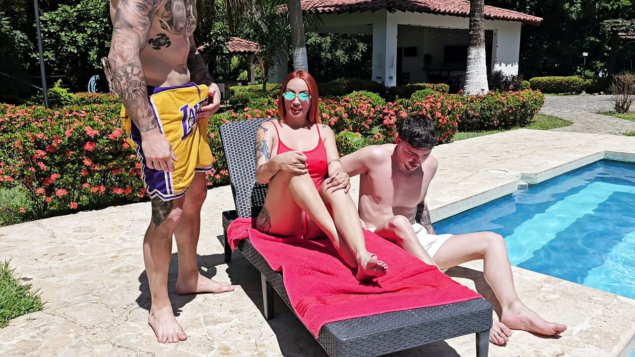 Threesome with the hotest lifeguard, readhead latina with big tits and ass - Andrea Castro