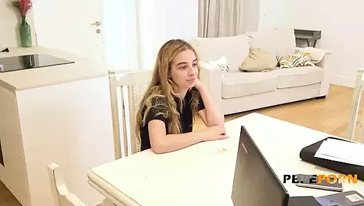 Blonde nervous college babe tries a porn casting: Irina is 18 and very nervous!