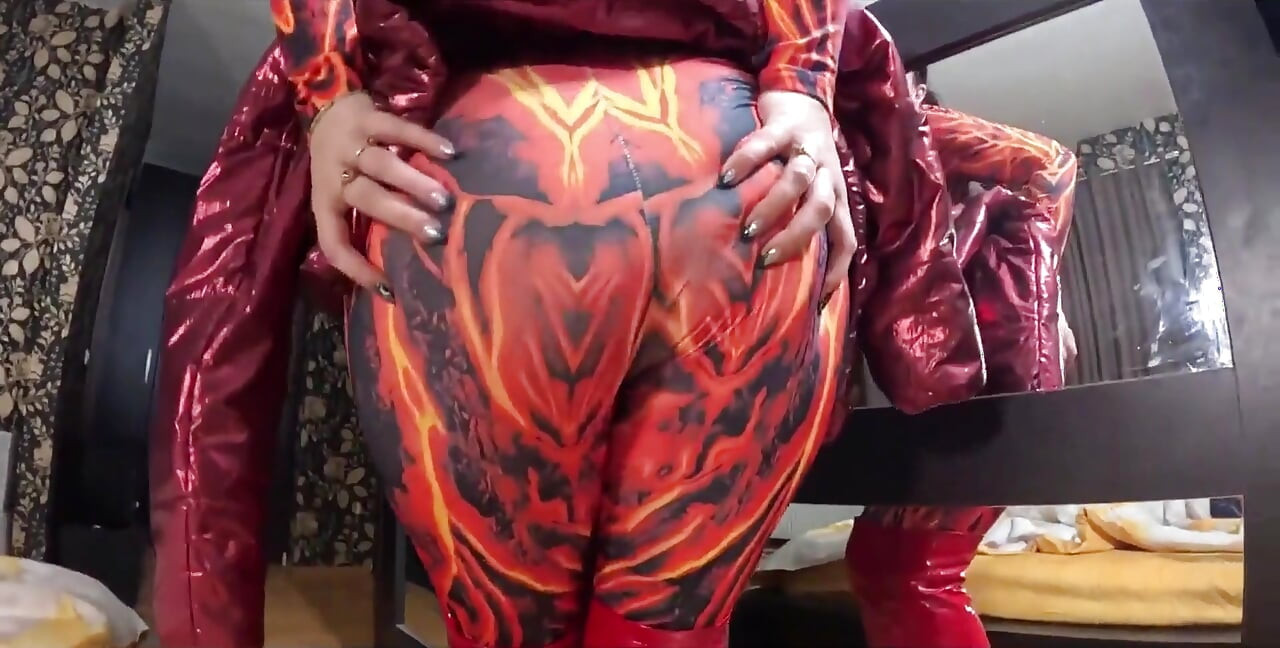 Red Nylon Jumpsuit Fetish Cameltoe Tease, Deep Blowjob and Cum on My Downjacket