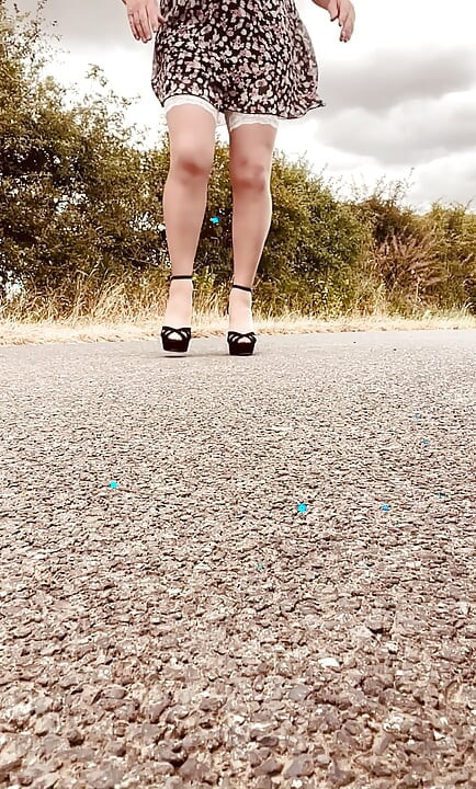 Crossdresser husband bridal stockings  suspenders heels panties bra dressed sexy outdoor flashing