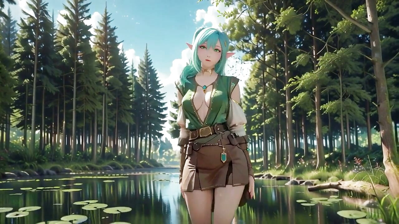森林精灵的私人早晨! 蓝头发的双尾巴在阳光明媚的海滩上懒散地闲逛.