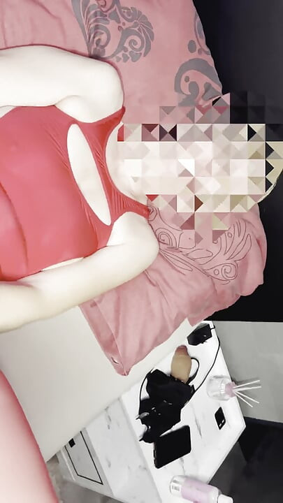 Wife in Red Mini Dress and Chastity Husband, Playing with Big Dildo