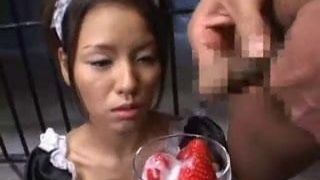 Japanese girl eats cum and strawbarries