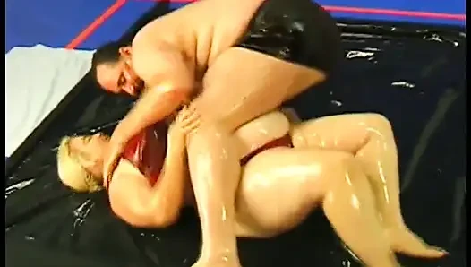 An oiled hairy BBW fucks with her fucker