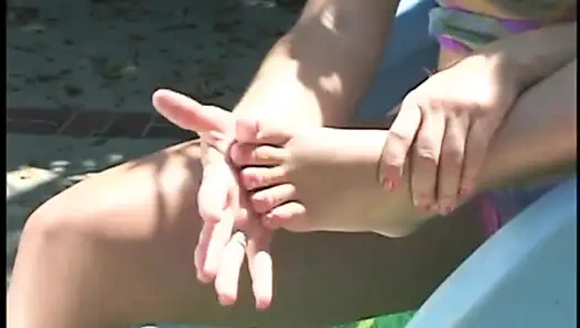 Pretty blonde peacherino Sabrina Snow is not against to play with her pussy outdoors