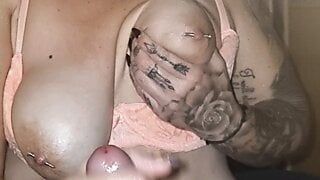 British sexy tattooed bbw oily handjob big pierced tits squeezes them hard