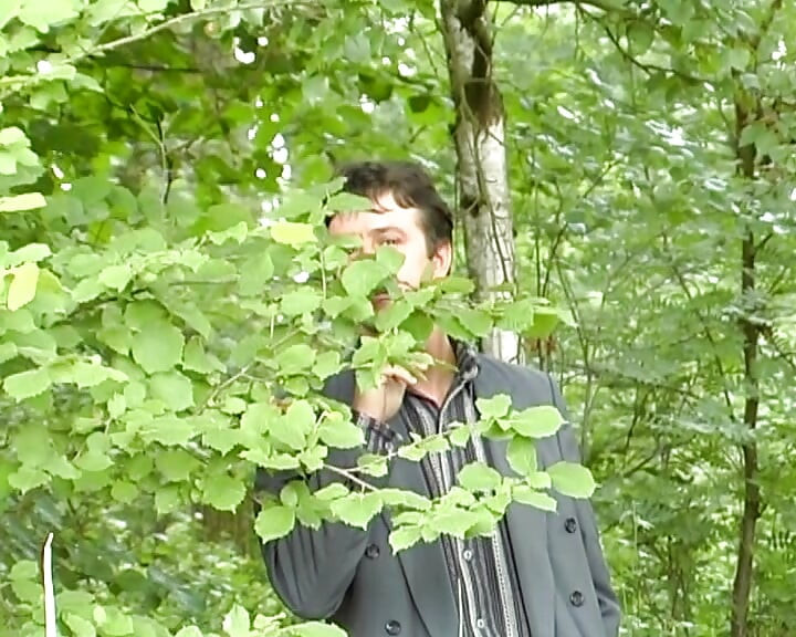 Dark haired German beauty pleasing two old cocks outdoors