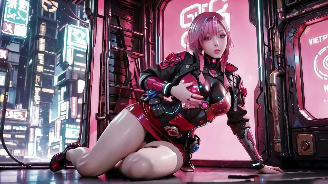 Pinkhåret cyborg-pige vågner doven i neon-cockpit