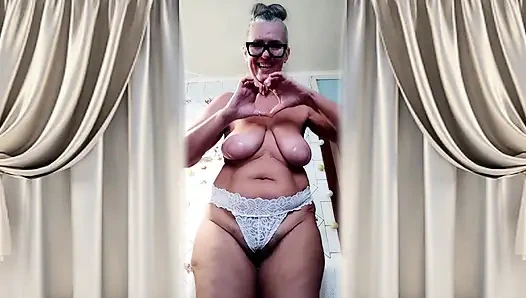 Hot Mature Housewife Lukerya Teases Huge Natural Boobs and Hairy Bush in Kitchen