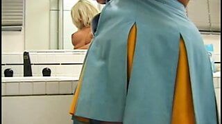 Blonde cheerleader in blue gets fucked at the office