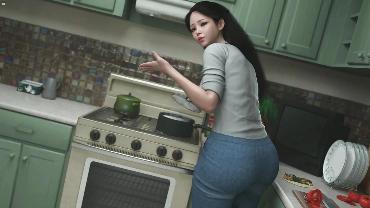 日本继母在厨房做饭时展示大胸部乳沟