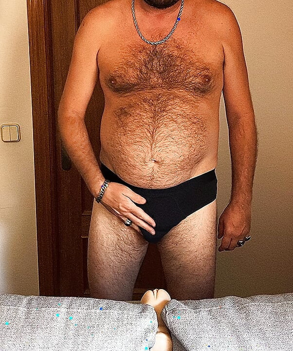 Fat and hairy Spanish fucks his toy with his small cock