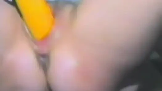 A Blonde in Stockings Jerks off with Two Dildos