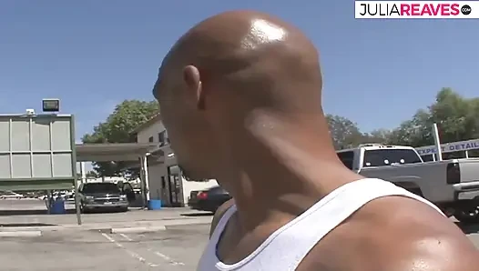 Blonde slut sits and rides a huge black cock on the sofa