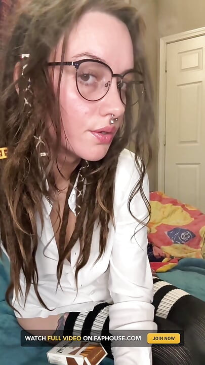 Wearing Glasses and Thigh High Stockings, Smoking a Cigarette and Playing with My Pussy