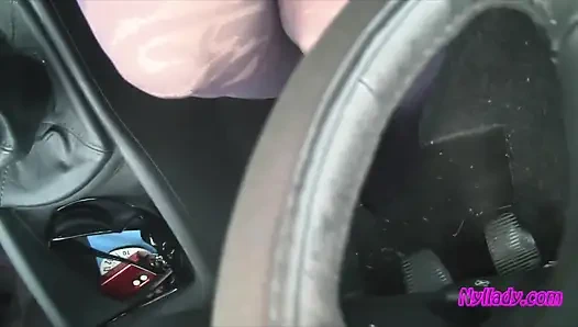 Nyllady's Footjob to Gearshift and Wheel in Patterned Pantyhose