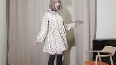 Japanese crossdresser's cum and cumdrop with floral cutie dress and collared.