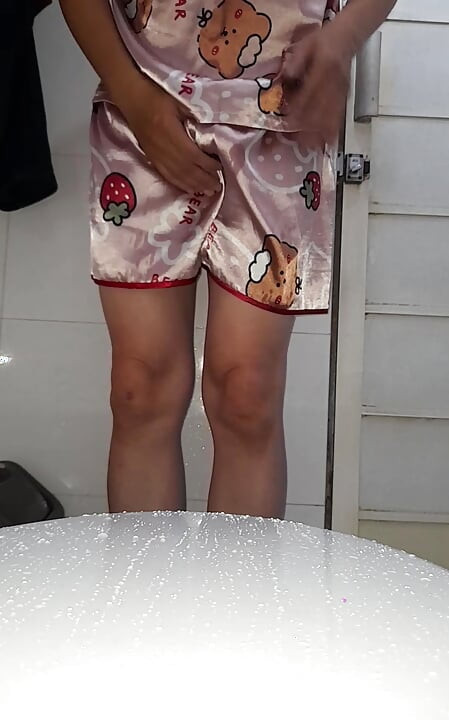 Masturbating Wearing Girl Satin Pajamas with Short Pants