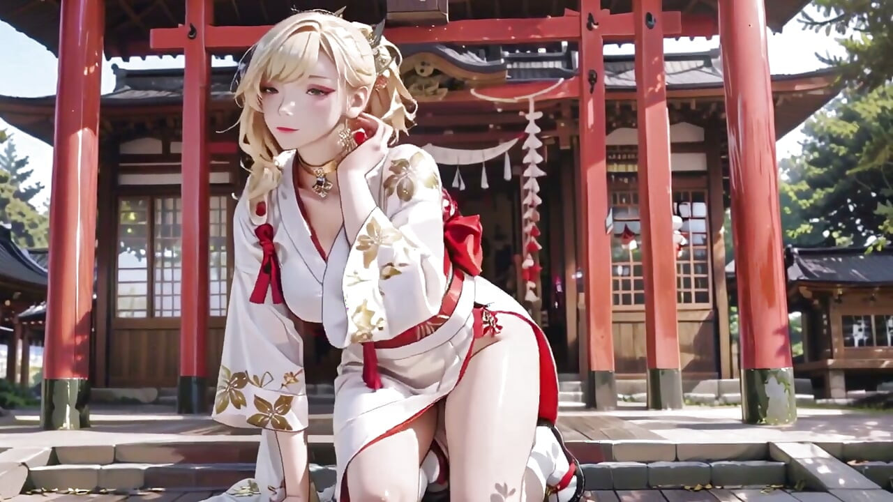 Segredo do Santuário da Menina Loira de Quimono! Ajoelhando-se sob o portão de Torii em um quimono modificado bege