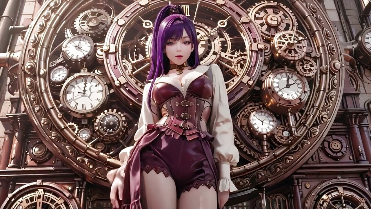 Tóc tím trong một thế giới Steam Fantasy! Cô ấy quỳ một cách lười biếng, bao quanh bởi những bánh răng khổng lồ.