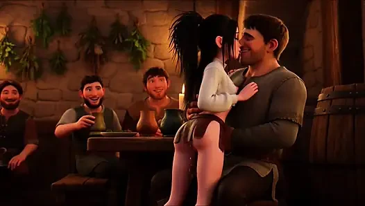 Heiße sinnliche platin-blonde kellnerin, flirty wilde nacht in der belebten mittelalterlichen Fantasie-Taverne mit fröhlichen Paten