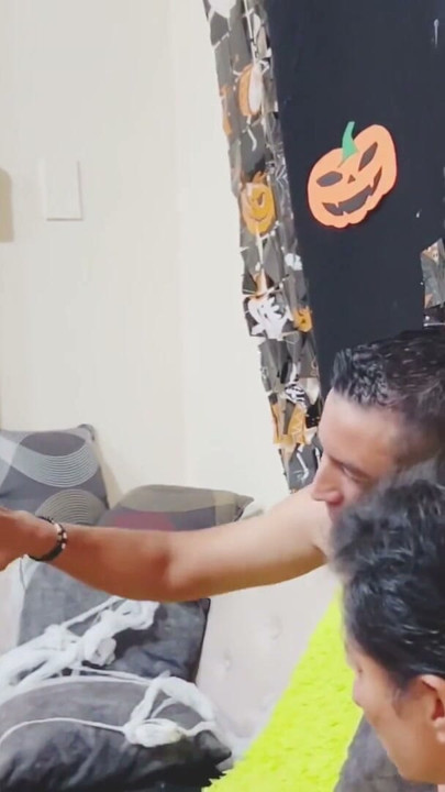 A busty, big-bottomed domestic worker celebrates Halloween by having a delightful threesome with two men. | Clip 1