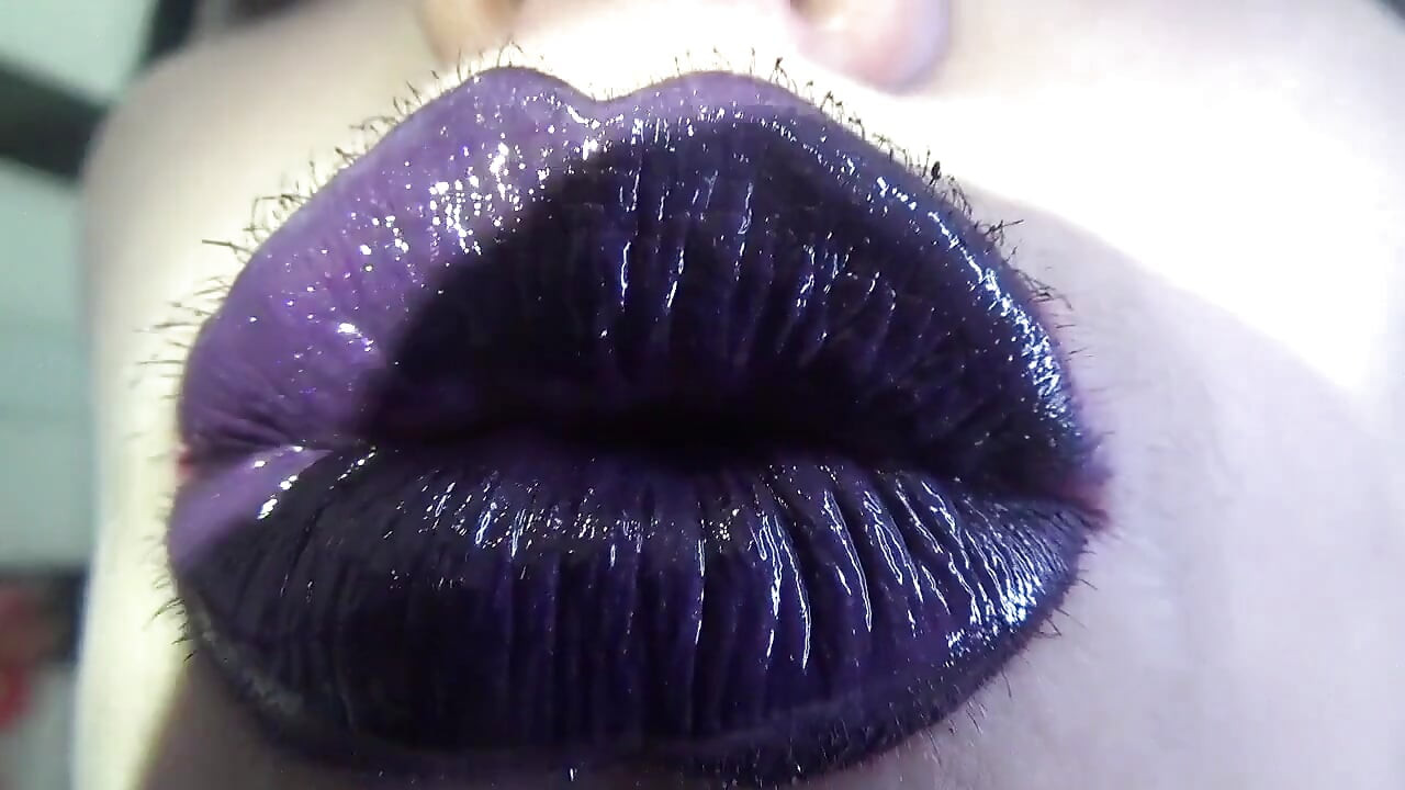 Purple glossy lips! Kissing and duck face fetishes!!