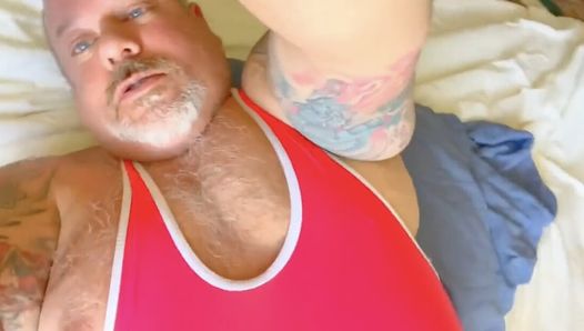 Giant grandpa wrestling coach cumshot hands free says get in my belly