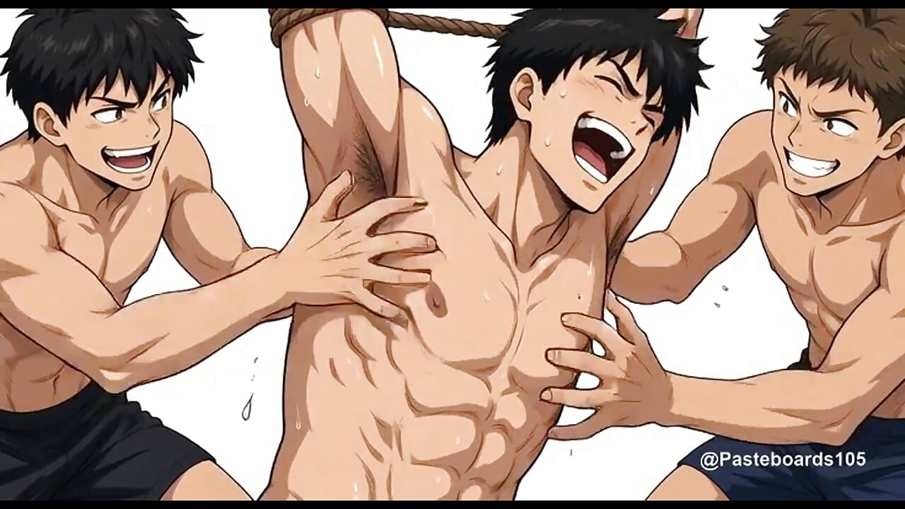Strung Up By The Wrists II - Bare Hands On A Bound Muscle Jock's Armpits And Ribs (2D Anime Bara)