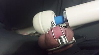 permanently locked cock cums from vibrator