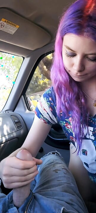 Sexy purple haired alt girl gives amazing oral sex in the car