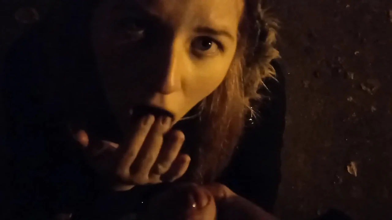 Collegegirl sucked on the street near the house and got cum in her mouth