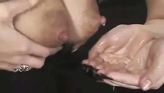 Lactating lesbians playing with milk