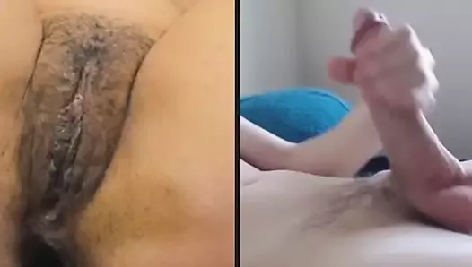 Mature hairy cunt and young big dick masturbate on webcam