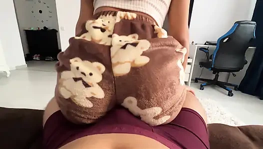 Humping! perfect Morning with stepsister in plush Pajamas ,I fucked her pussy and cumshot on perfect ass