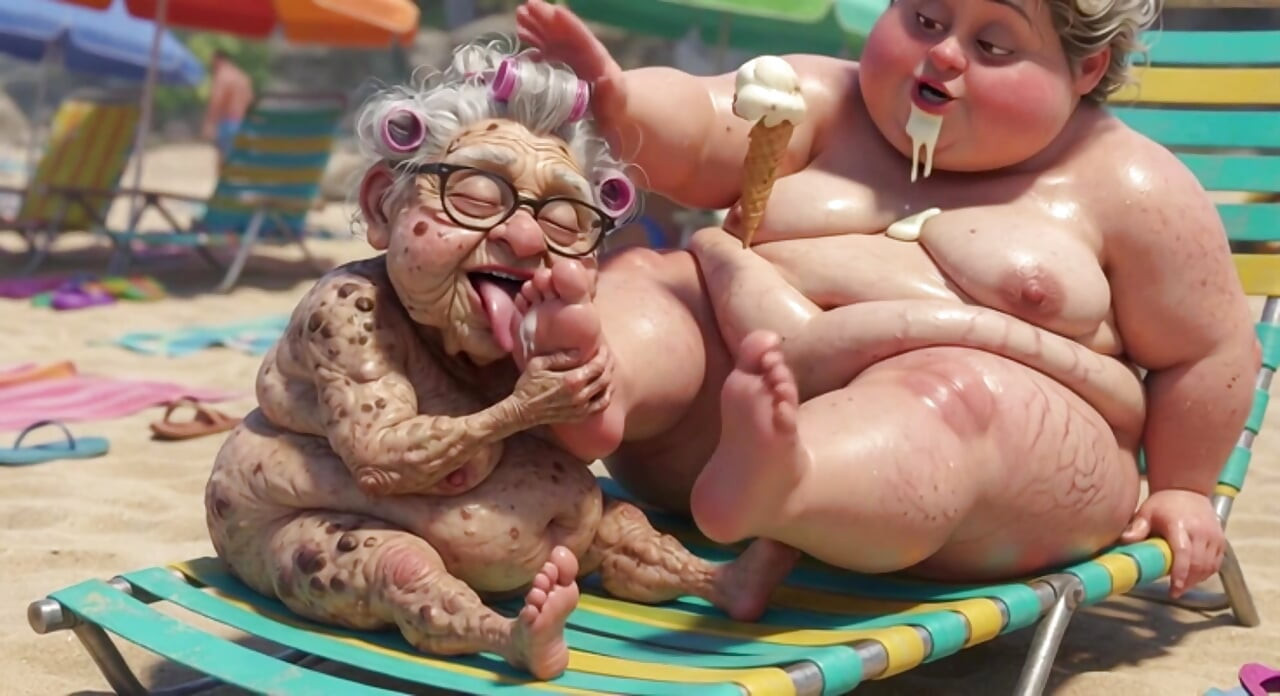 Elderly Granny Passionately Sucking BBW Feet on the Beach