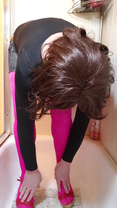 Spectacular moment from "Cd piss my pink nylon pantyhose and miniskirt."