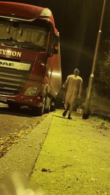 Naked walking on truck parking