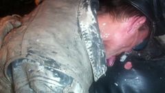 2 muddy  leather gays kissing, humping, frotting with mud