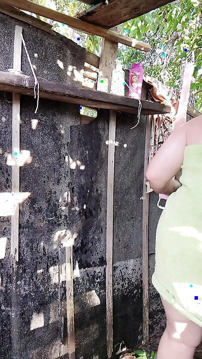 Chubby Girl Soaps Her Big Wet Tits Next to His Huge Cock in Outdoor Shower