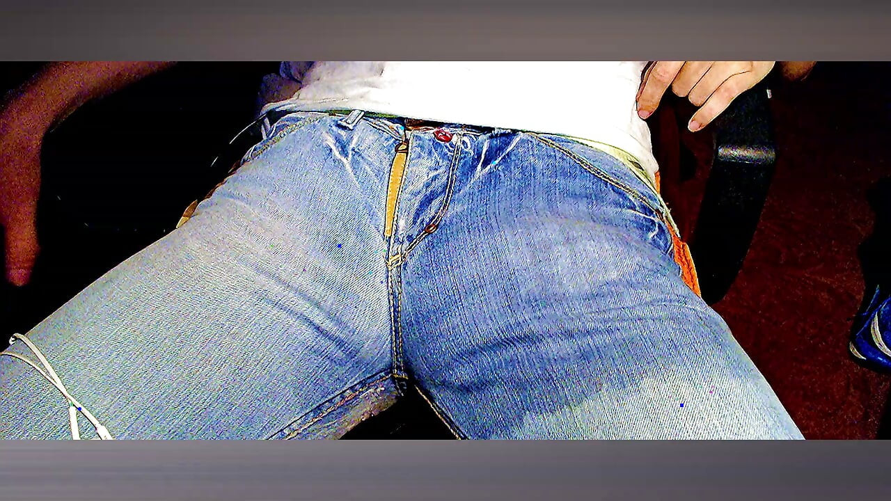 E-Stim pee and cum in old blue Jeans