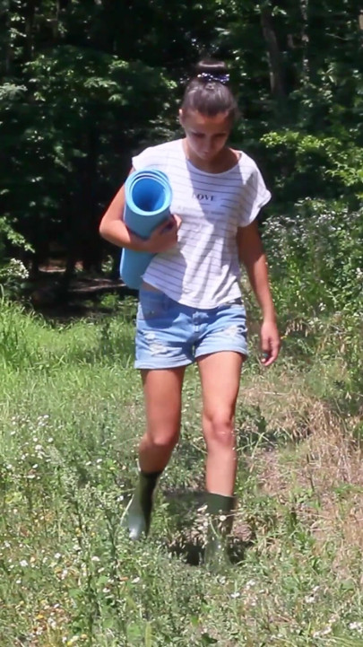 Fingering my pussy in the woods naked with my rubber boots